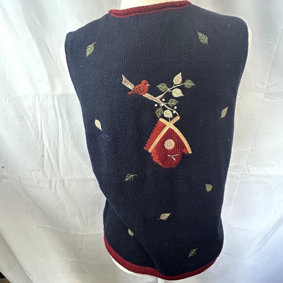 Christopher & Banks Sweater Vest Navy size medium Cat Birds fall leaves - Picture 2 of 12